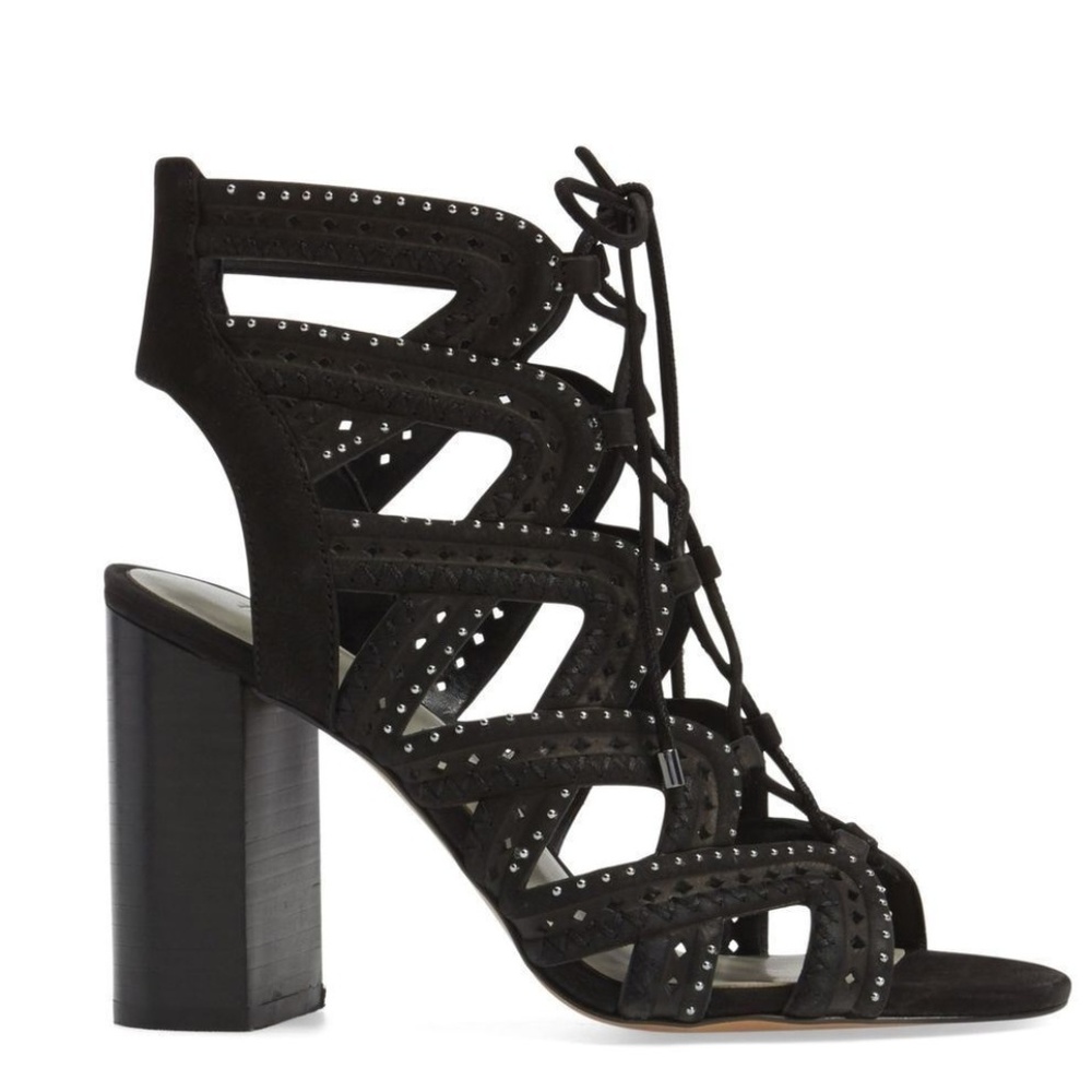 Lace Up Ankle Tie Black Caged Block Heel Sandal
